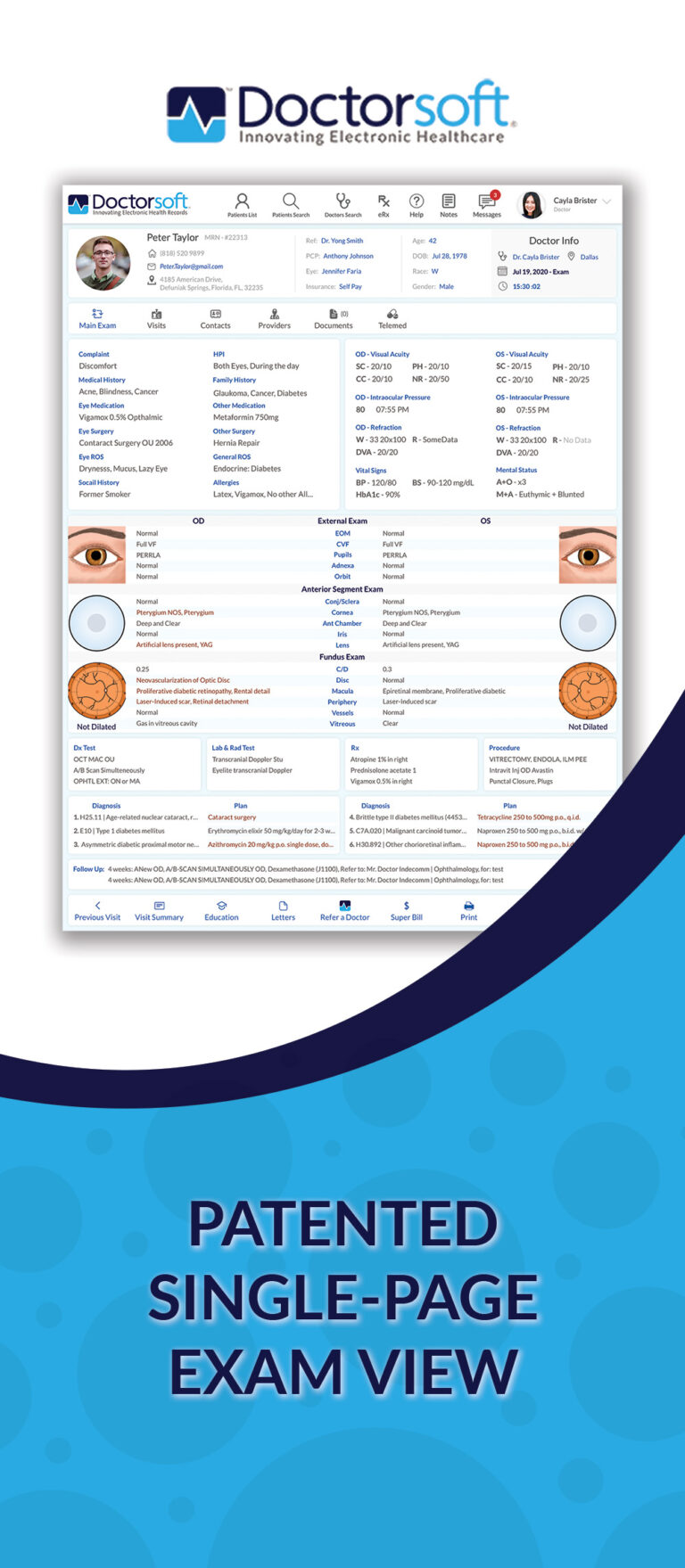 Doctorsoft Ophthalmic EHR's Patented Single-Page Exam View